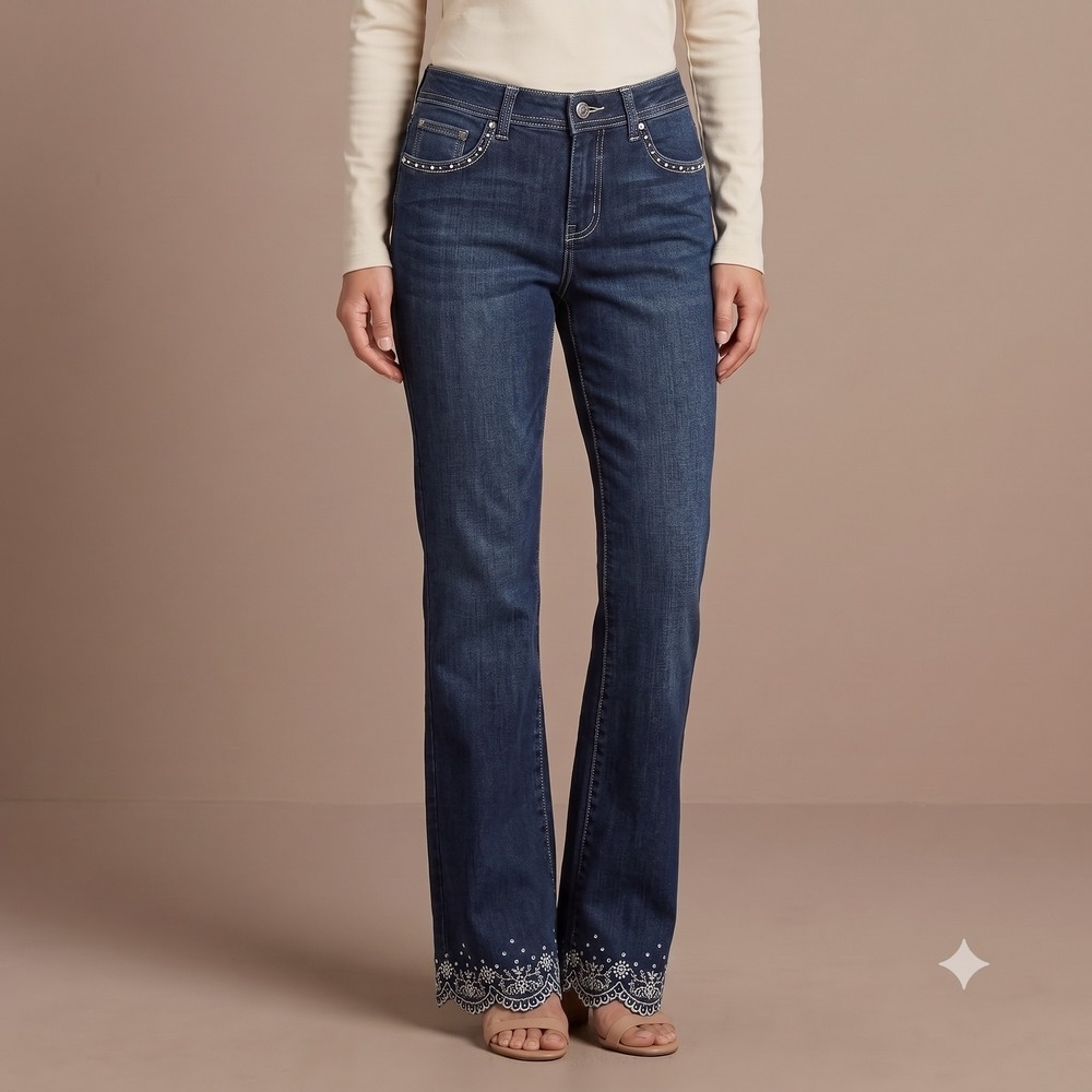 Apollo Petites 8P Dark Wash Embroidered Scallop Hem Stretch Jeans Bling‎ EUC